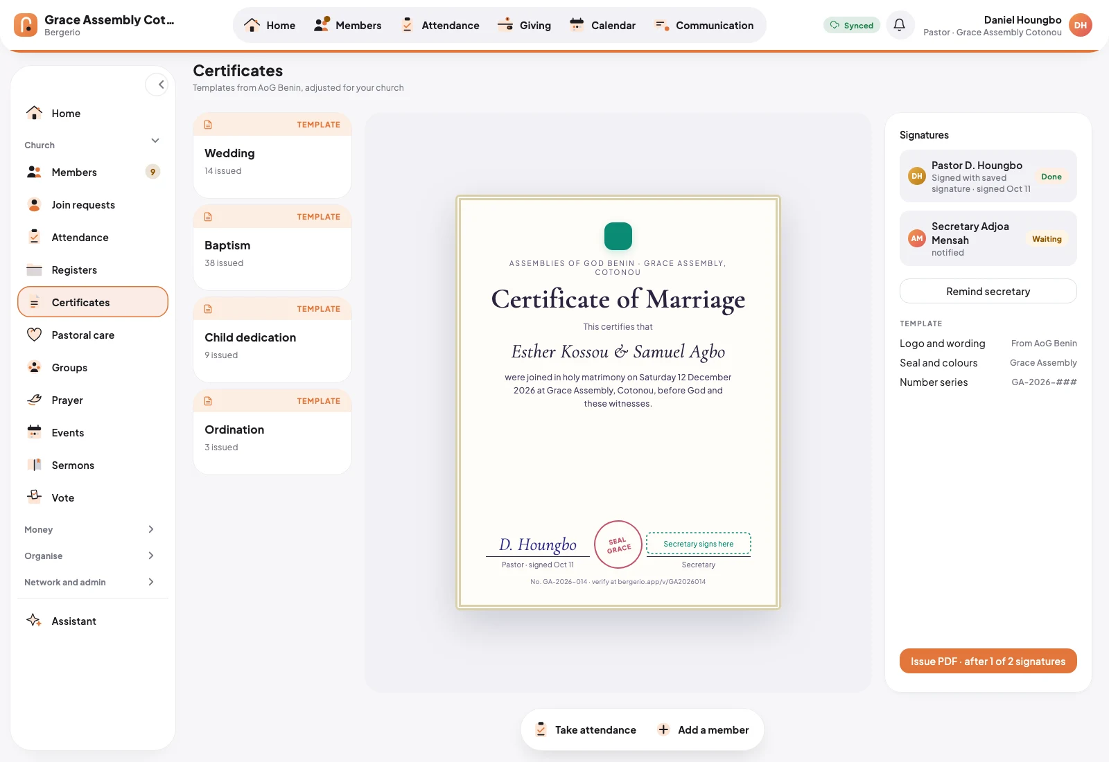 Certificates with a marriage certificate.