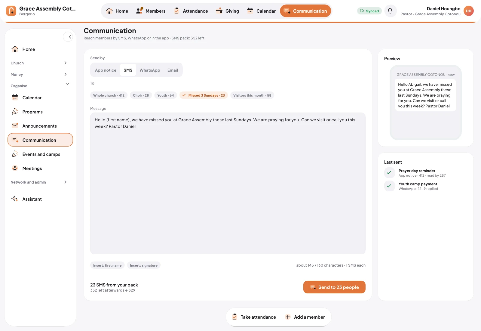 Messages to members.