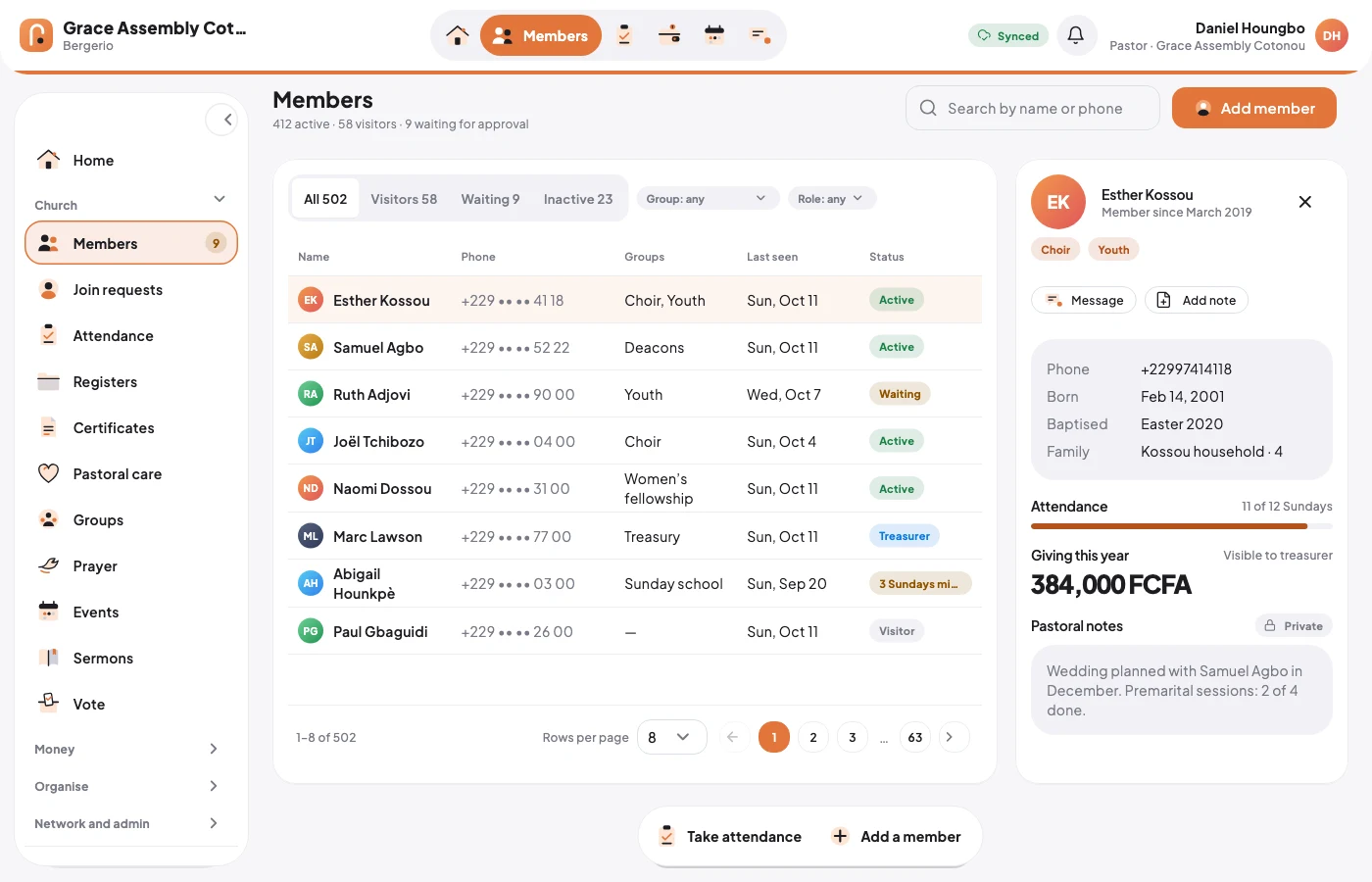 The Members screen: filters, a search box and one person’s file with groups, attendance, giving and private pastoral notes.